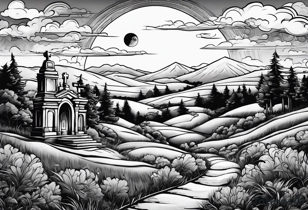 Cemetery on hills with clouds and moon tattoo idea