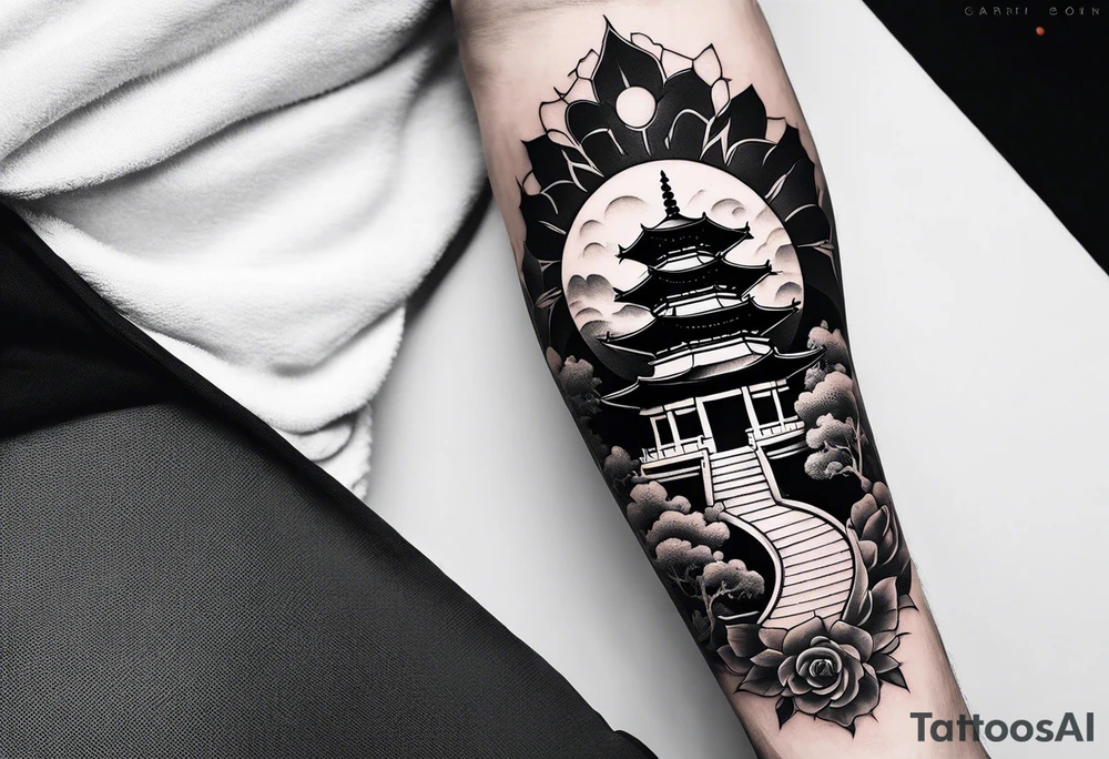 A forearm tattoo with a global map with a small buddhist shrine at the bottom. tattoo idea