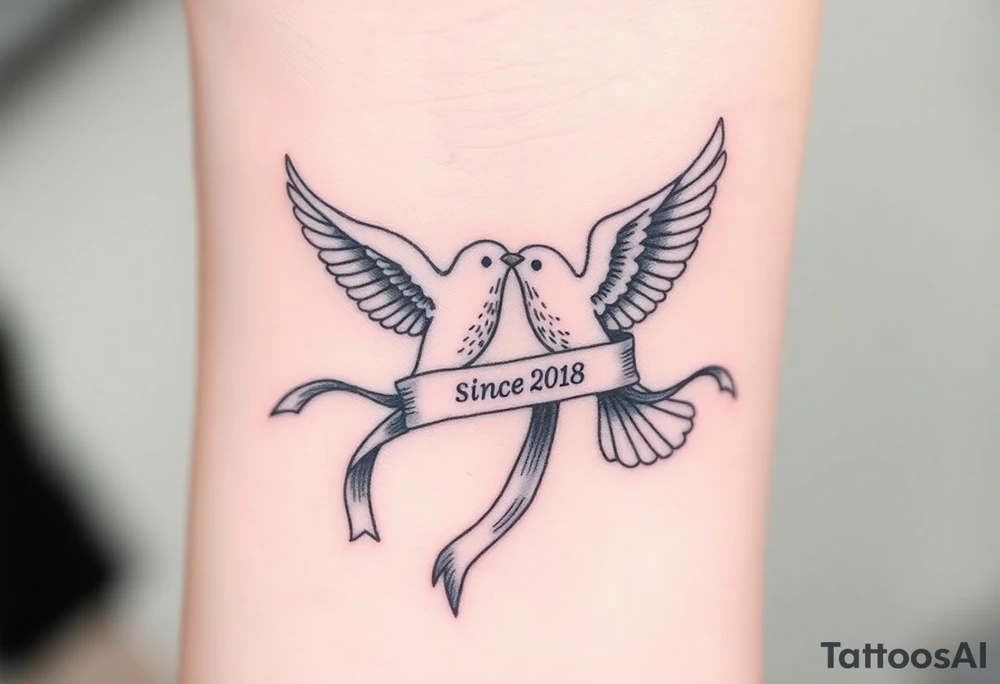 A pair of doves in mid-flight, carrying a silk ribbon with the wedding date "since" 2018. tattoo idea