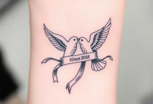 A pair of doves in mid-flight, carrying a silk ribbon with the wedding date "since" 2018. tattoo idea