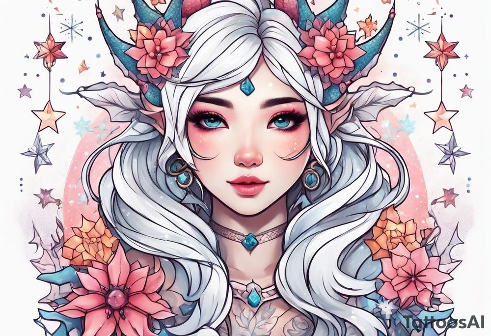 Constellation, kawaii dragon girl , snowflake tattoo idea