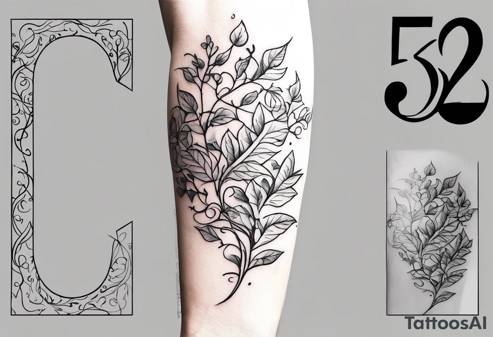 the following numbers 31.8742° N, 91.1366° W, with very simple ivy vines on both sides.  it will be small fine line on the back of the arm above the elbow tattoo idea