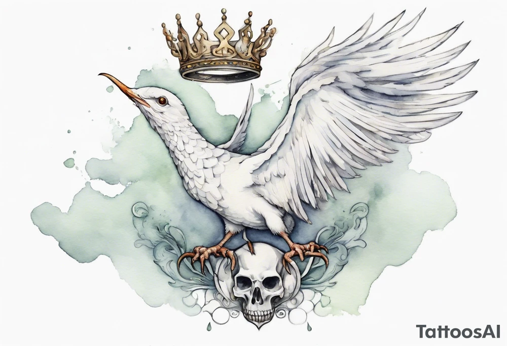 a white bird-serpent hybrid, wearing a small crown on its head, flying in the air tattoo idea