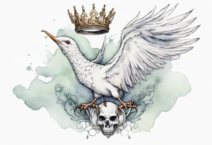 a white bird-serpent hybrid, wearing a small crown on its head, flying in the air tattoo idea
