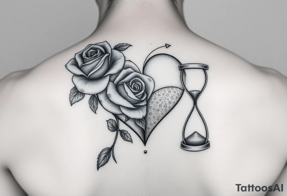 Arose in the shape of a heart with pieces of the Rose blowing away in the wind and the other half an hourglass with the sand out of time black and white feminine realistic for the top of my shoulder 
Shouldernot my back on my shoulder tattoo idea