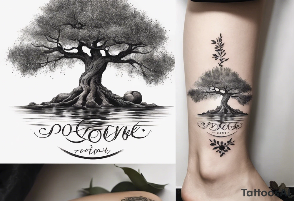 And olive tree with exposed roots, writing out “patience” in Korean, next to a tree stump with exposed rings, and a small Poppy flower growing out of the ground tattoo idea
