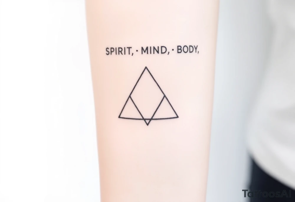 A minimalist tattoo of three interlocking triangles arranged in a way that forms a geometric symbol. Each triangle is thinly outlined and overlaps slightly. Above the design, the words 'SPIRIT,' 'MIND,' and 'BODY' are written in simple font, representing the connection between these three concepts. The tattoo is located on the inner forearm and is drawn in black ink on a light skin tone background. Without text!

Without text!
Without text!
Without text! tattoo idea