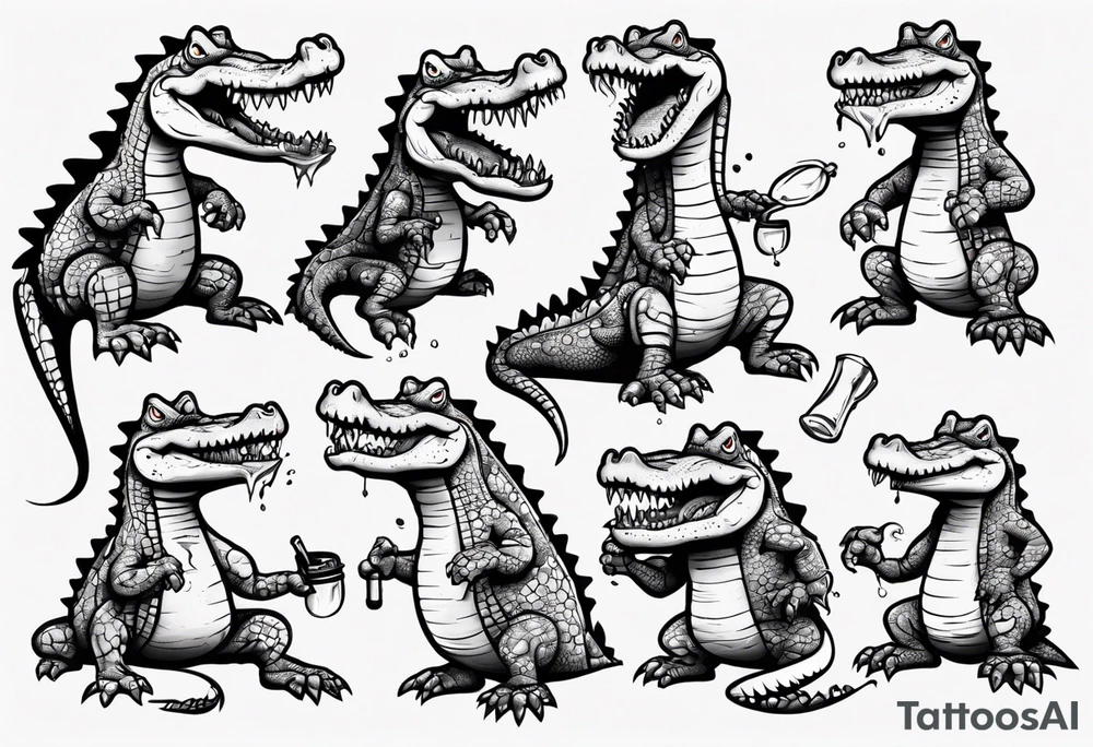 drunk cartoon crocodile full body tattoo idea