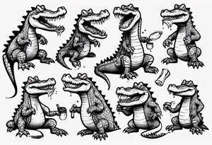 drunk cartoon crocodile full body tattoo idea