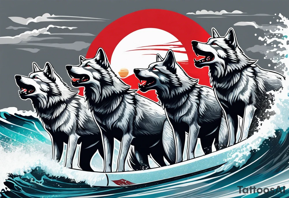 a pack of howling muscular  gray wolves surfing with a tropical background with red white and black and gray tattoo idea