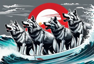 a pack of howling muscular  gray wolves surfing with a tropical background with red white and black and gray tattoo idea