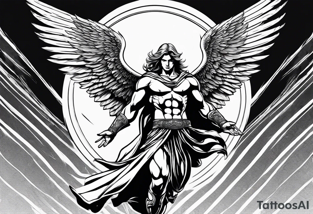 Angel in the pose of a superhero landing tattoo idea
