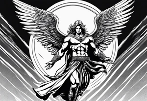 Angel in the pose of a superhero landing tattoo idea