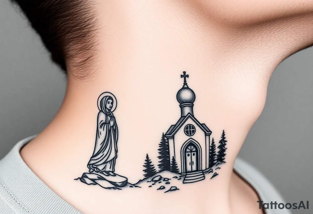 russian design traditional virgin mary stood beside the entrance of a russian orthodox dome church on the side of the neck in a wilderness setting with the design on the side of the neck tattoo idea