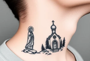 russian design traditional virgin mary stood beside the entrance of a russian orthodox dome church on the side of the neck in a wilderness setting with the design on the side of the neck tattoo idea