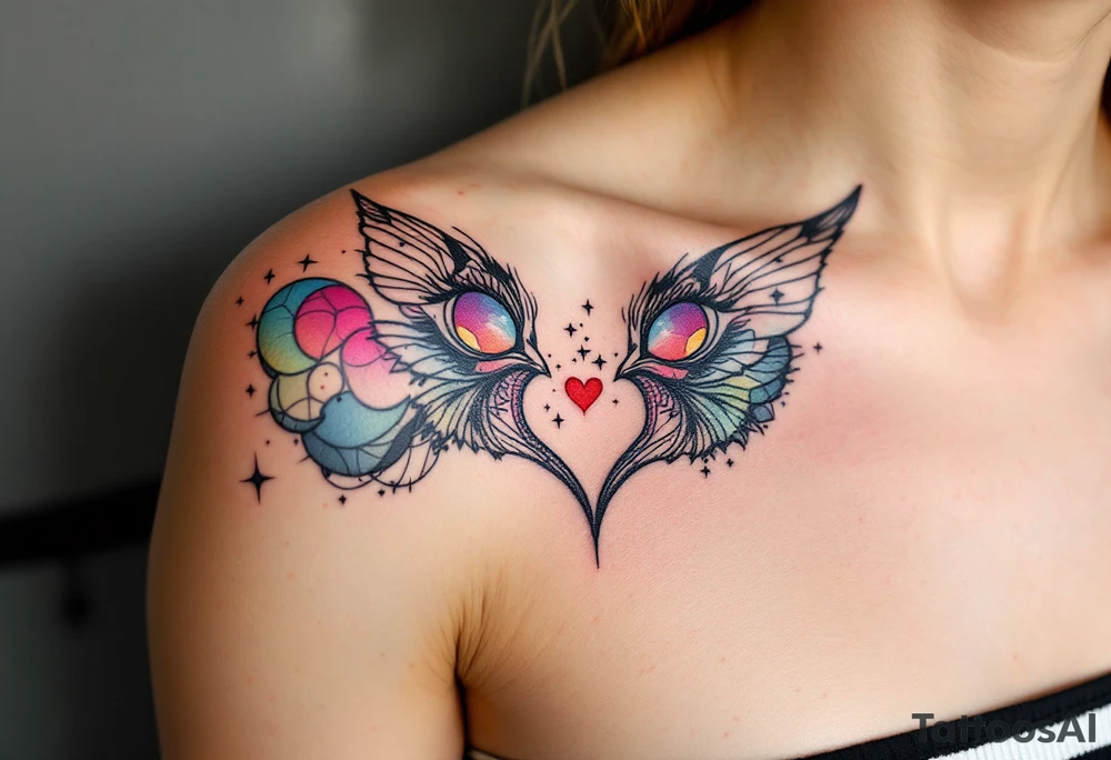Black fine-line coordinates on both partnes shoulders with a tiny red heart on the collarbone mark where your love began. tattoo idea