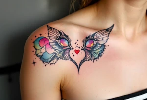 Black fine-line coordinates on both partnes shoulders with a tiny red heart on the collarbone mark where your love began. tattoo idea