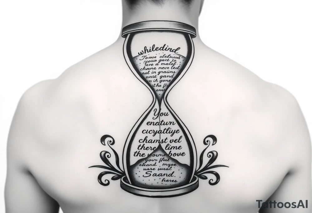 "Create a highly detailed, artistic black-and-gray tattoo design of an hourglass. Inside the hourglass, instead of sand, use a flowing handwritten text to represent the sand falling from the upper chamber to the lower one. The text should look like it is pouring down naturally, almost dissolving into grains as it falls. The hourglass should have an elegant, slightly worn look — symbolizing the passage of time — with some ornamental flourishes around it (optional). The text should be legible but integrated into the design, giving the impression that words are literally turning into sand as time passes." tattoo idea