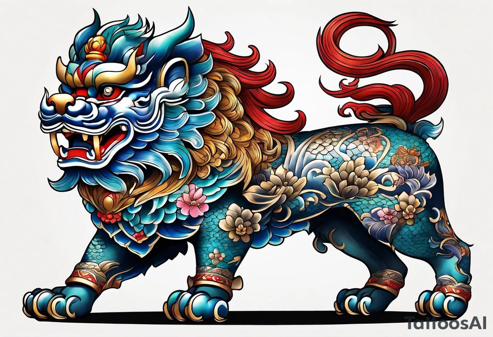 Two full body, Okinawa shisa standing on all fours, facing each other. tattoo idea