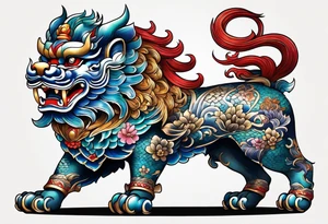 Two full body, Okinawa shisa standing on all fours, facing each other. tattoo idea