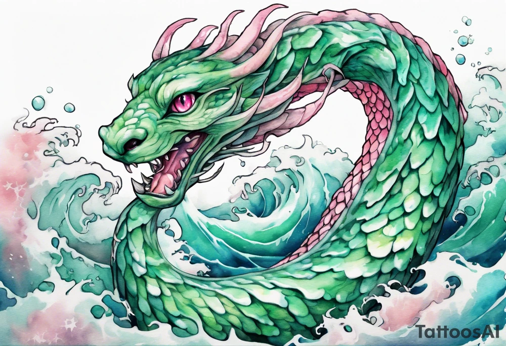 a gentle green-eyed Falkor serpent hybrid with turquoise and pink scales emerging from the stormy sea tattoo idea