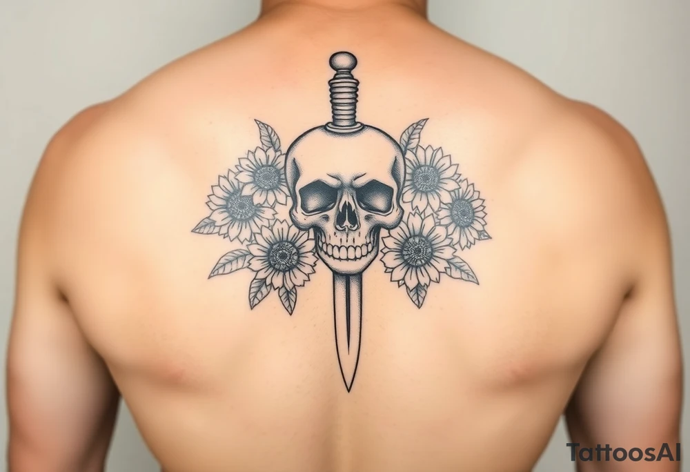 Skull, heart and dagger with roses and sunflowers tattoo idea