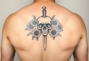 Skull, heart and dagger with roses and sunflowers tattoo idea