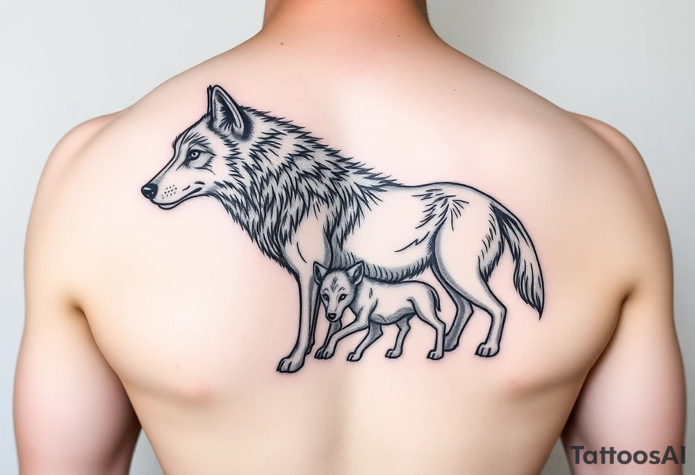A solitary yet sublime and noble wolf and its progeny. tattoo idea
