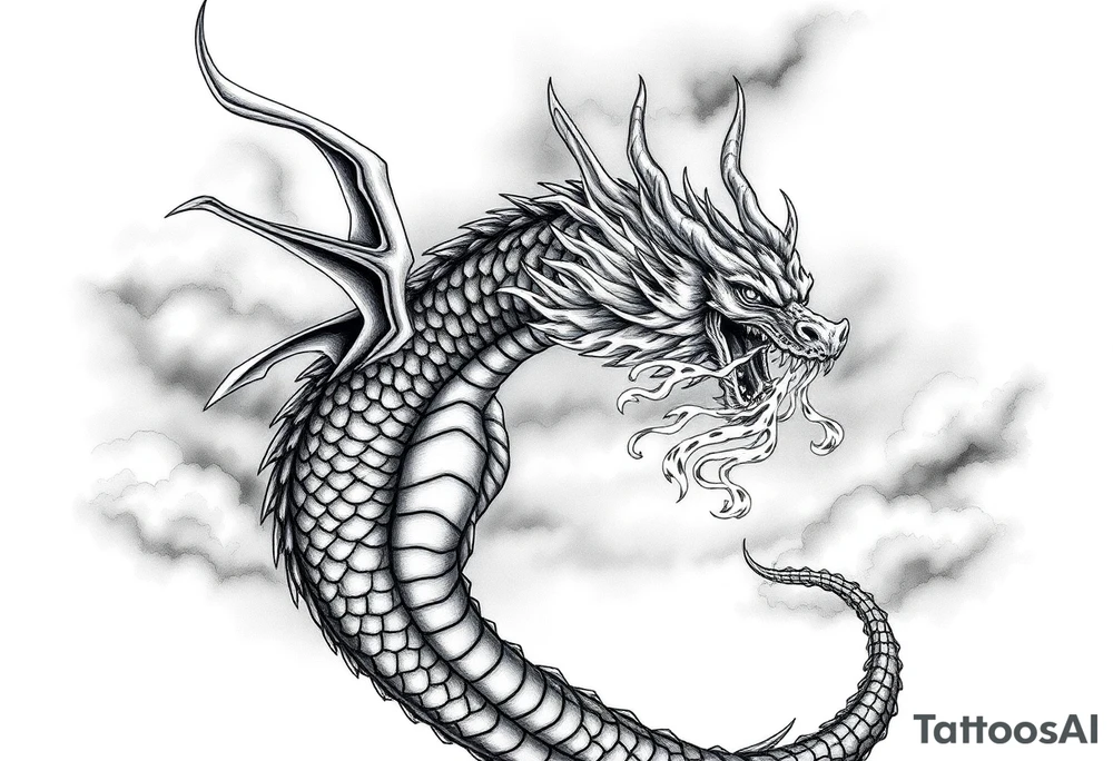 fierce dragon breathing iridescent fire against stormy skies tattoo idea