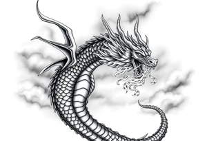 fierce dragon breathing iridescent fire against stormy skies tattoo idea