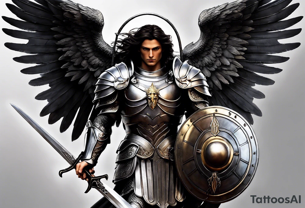 **Tattoo Design: Archangel Michael**

- **Central Theme**: Archangel Michael, majestic and powerful, stands ready with a raised sword, prepared to battle evil.
- **Appearance**: The figure of Archangel Michael depicted in full angelic armor, with majestic wings spread wide.
- **Expression**: His stance conveys strength, courage, and determination in defense of good.
- **Details**: Focus on intricate details such as facial features, armor embellishments, and the raised sword.
- **Background**: May be stylized as celestial, with rays of light or clouds, accentuating the divine presence of Archangel Michael.
- **Placement**: Intended for placement on the chosen body area, with the option to adjust the size according to personal preferences. tattoo idea