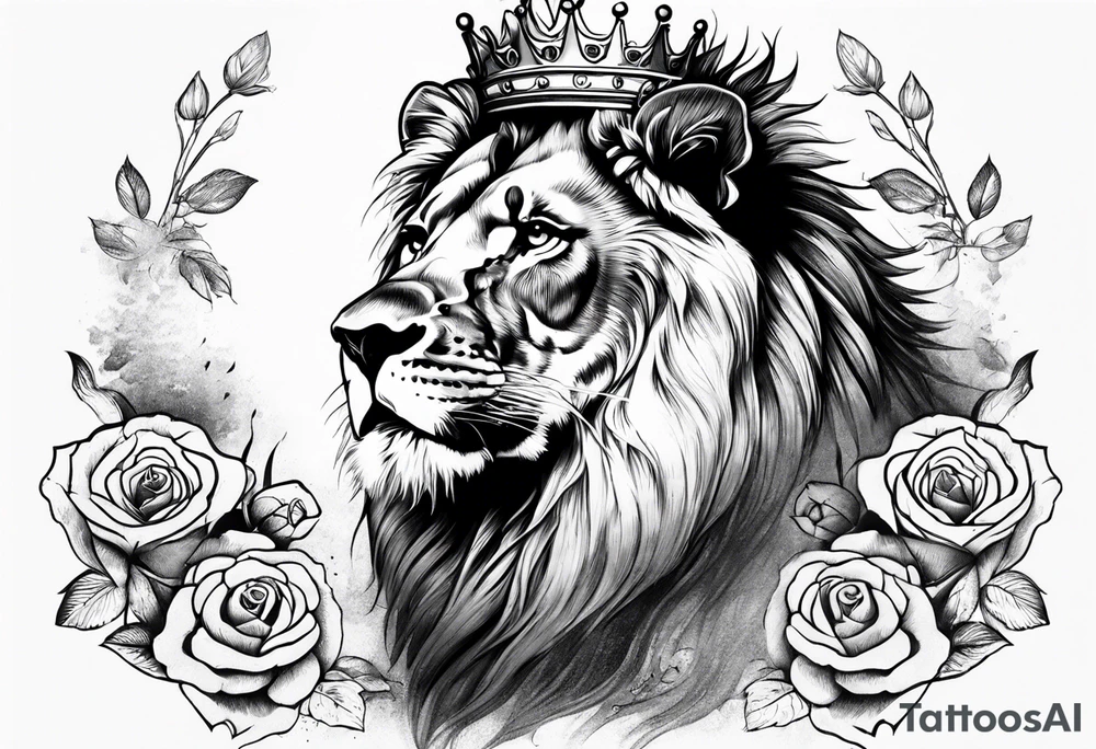 Lion with crown roaring with roses tattoo idea