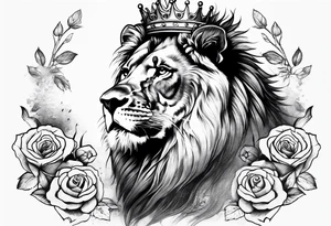 Lion with crown roaring with roses tattoo idea