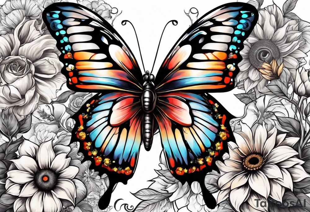 animal butterfly , flower rose, sunflower, tattoo idea