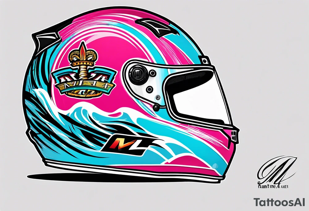 Formula 1 Helment with the Miami name a palm tree and pink and light blue colors tattoo idea