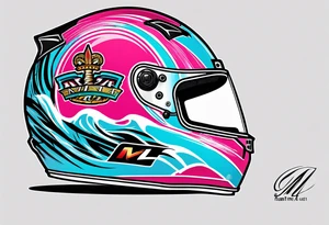 Formula 1 Helment with the Miami name a palm tree and pink and light blue colors tattoo idea