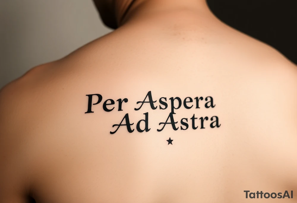 The phrase "Per Aspera Ad Astra" above the knee using Paragone Fancy Aesthetic Serif font. Also add a couple small minor stars at the end of the phrase. Put "Per Aspera" a line above "Ad Astra". And show me how it would look above the knee cap tattoo idea