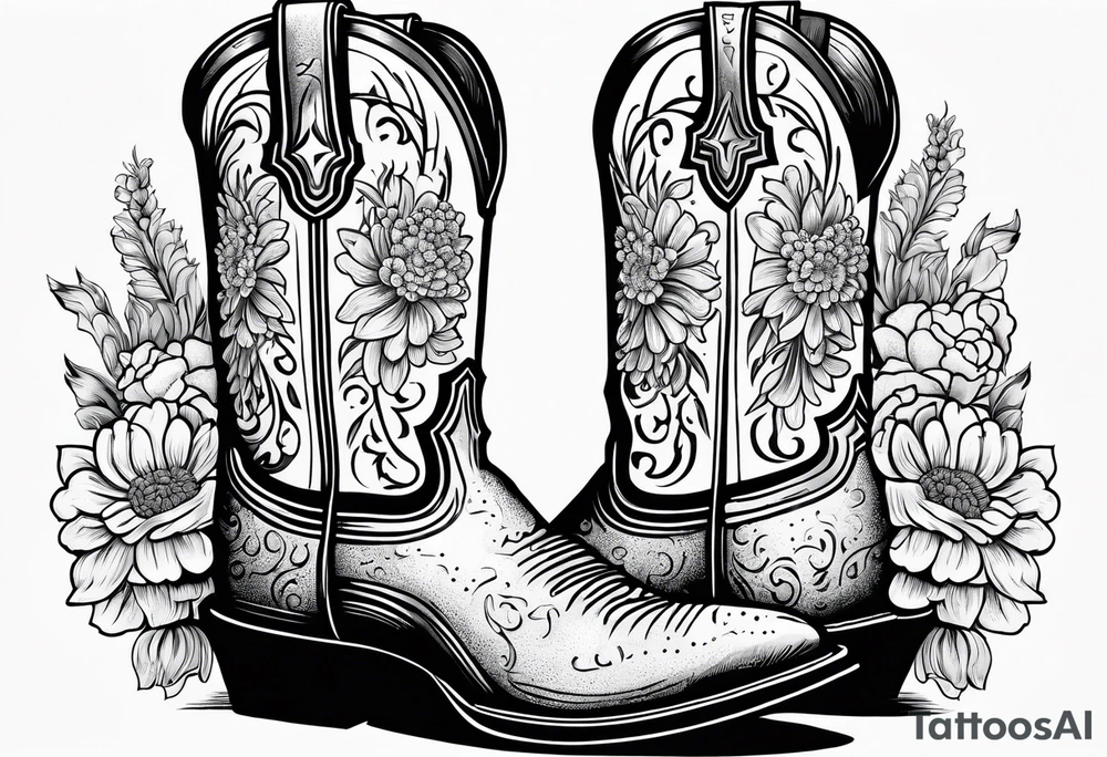 Cowboy boot with bouquet of chrysanthemum, carnations and marigolds inside of boot tattoo idea