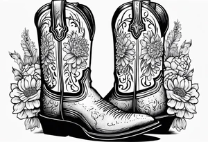 Cowboy boot with bouquet of chrysanthemum, carnations and marigolds inside of boot tattoo idea