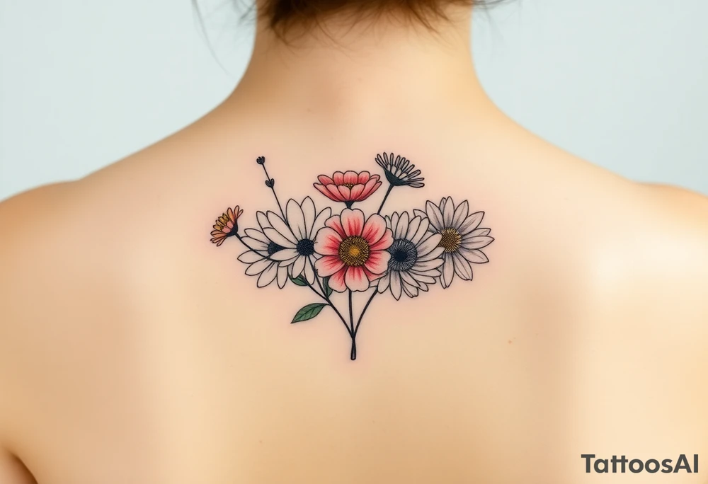Small flower bouquet with order of flowers, daisy, cosmo, poppy, chrysanthemum, cosmo tattoo idea