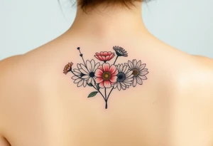 Small flower bouquet with order of flowers, daisy, cosmo, poppy, chrysanthemum, cosmo tattoo idea