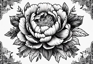 create a tattoo using hungarian embroidery, dark imagery, and a peony tattoo idea