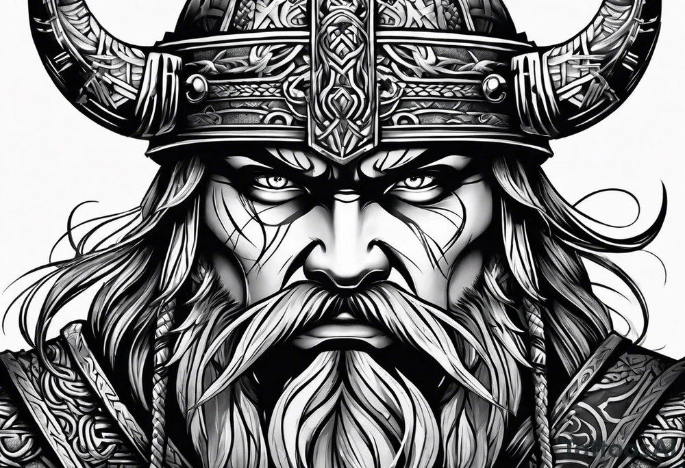 half face of a viking and half face of samurai tattoo idea