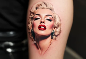 A vintage-style Marilyn in full color with platinum blonde hair, red lips, and a soft pastel background. tattoo idea