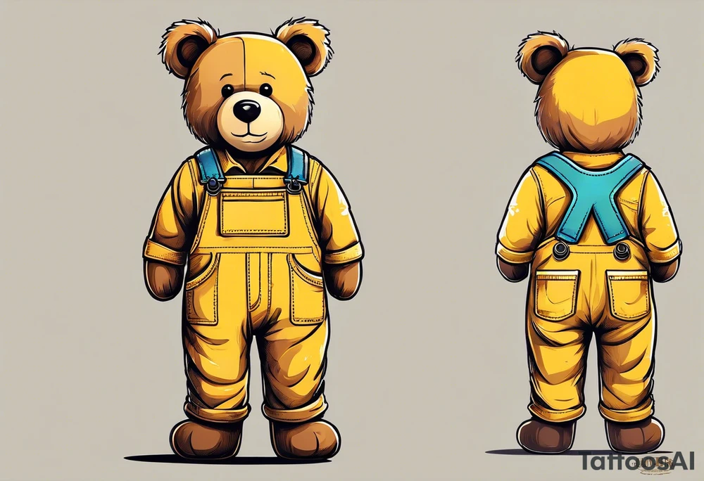 the back of a standing, skinny, brown ,
teddy bear in long, yellow overalls tattoo idea