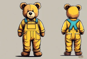 the back of a standing, skinny, brown ,
teddy bear in long, yellow overalls tattoo idea