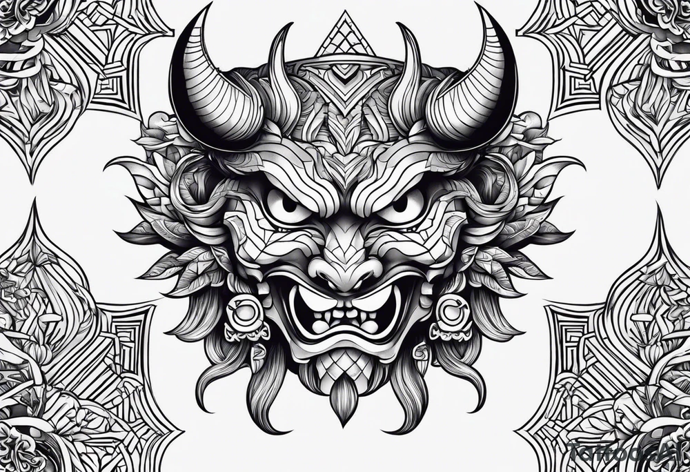 Um gueixa com máscara oni segurando um leque tattoo idea