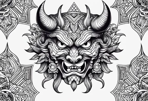 Um gueixa com máscara oni segurando um leque tattoo idea