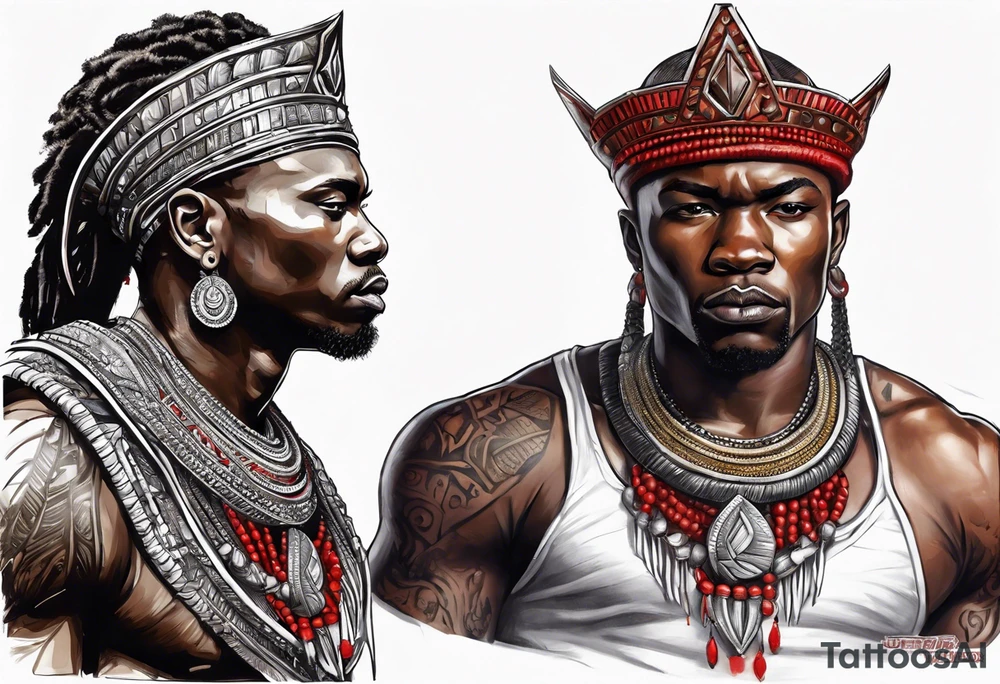 african warrior with a small silver crown and a red necklace tattoo idea