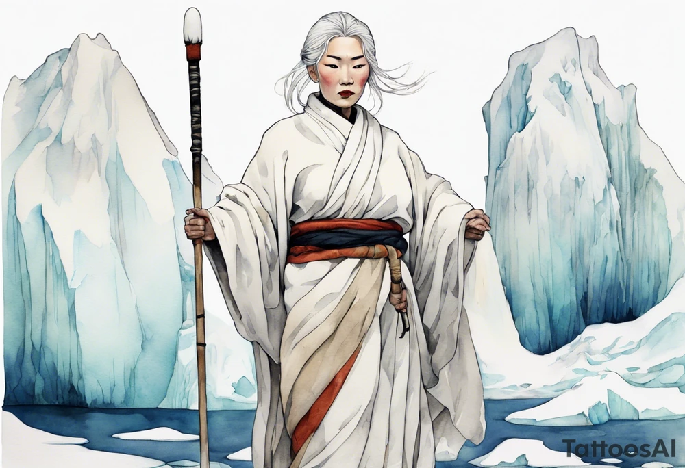a 40 year old Inuit woman with white hair and a white robe holding a plain white staff, standing on an iceberg tattoo idea